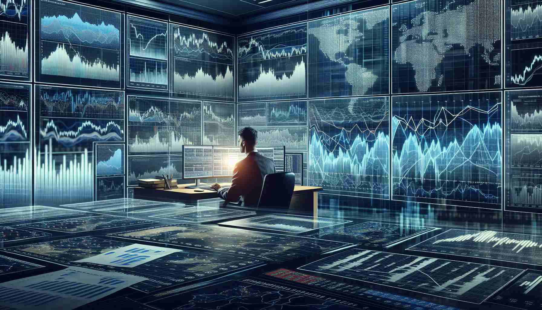 Generate a realistic, high-definition image that visualizes the concept of 'Understanding the Risks of Forex Trading'. This image could depict a complex graph with market trend lines to illustrate the volatile nature of the Forex market. Alternatively, it might showcase a person of undisclosed gender and descent, deeply engaged in studying a scattered array of charts, diagrams, and historic price fluctuations with marked risk areas. The person could be seated in a modern office where the walls are embedded with multiple screens showing live news from financial markets worldwide.