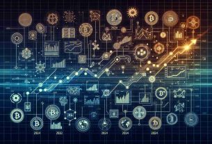 Generate a detailed and realistic high-definition image representing the evolution of cryptocurrency trends projected into the year 2024. This image should include symbols indicative of various popular cryptocurrencies, a timeline tracking their status over time, and future predictions. Please include elements such as charts, graphs, data points, and iconography pertinent to the cryptocurrency industry.