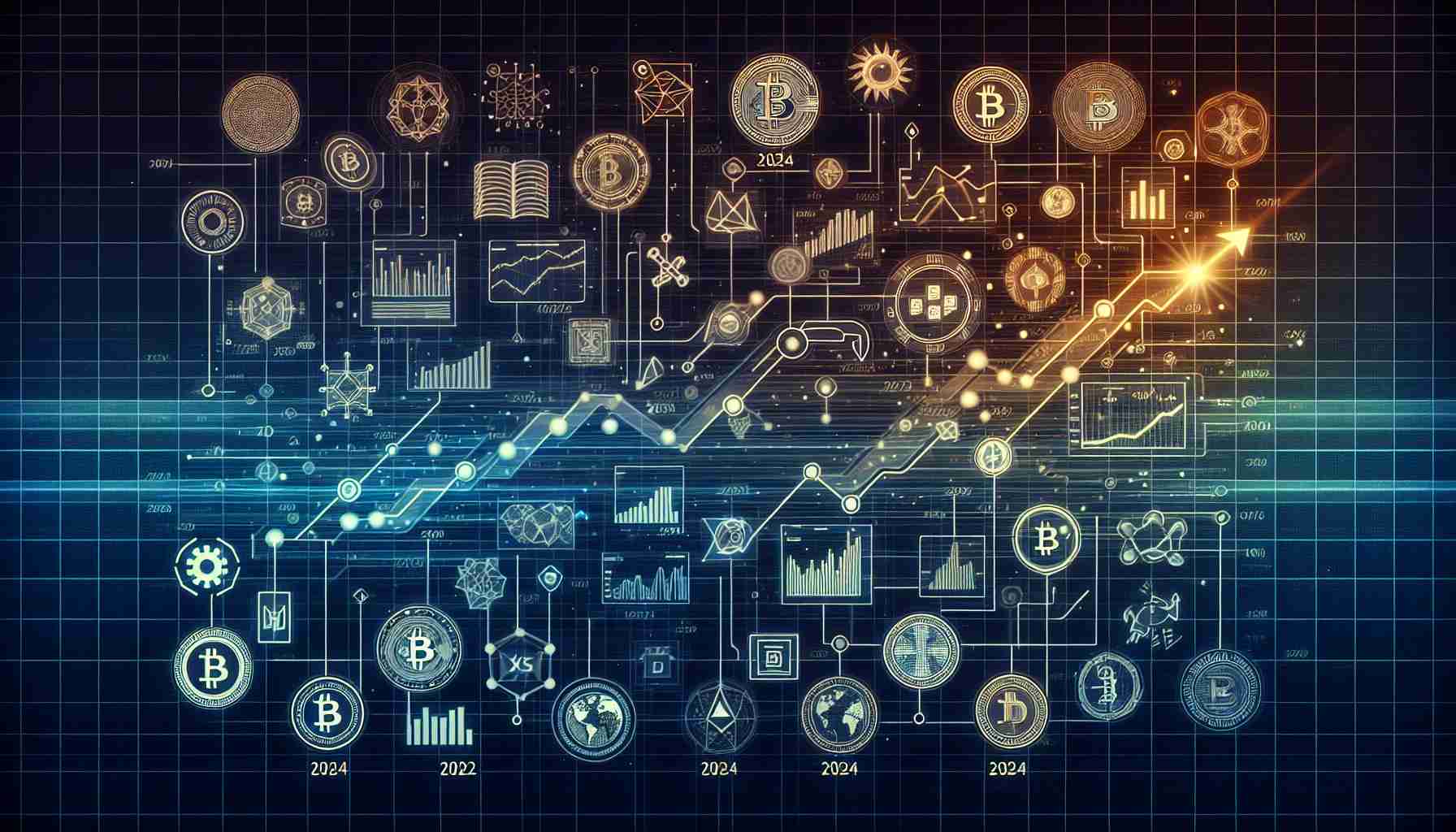 Generate a detailed and realistic high-definition image representing the evolution of cryptocurrency trends projected into the year 2024. This image should include symbols indicative of various popular cryptocurrencies, a timeline tracking their status over time, and future predictions. Please include elements such as charts, graphs, data points, and iconography pertinent to the cryptocurrency industry.