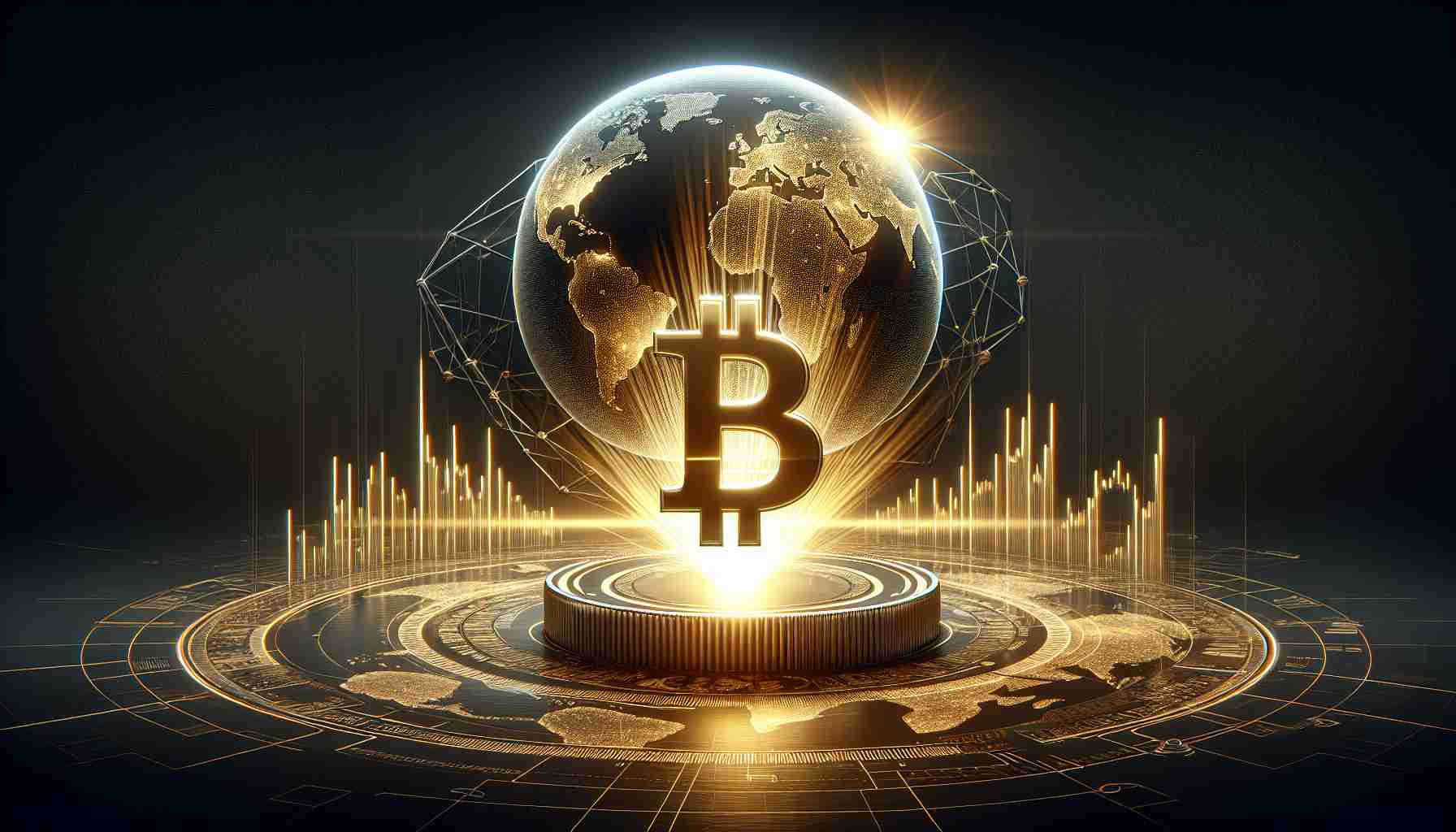 Create a realistic, high-definition image representing the metaphorical resurgence of Bitcoin in 2024. Include a sleek line chart on a digital display, showing a steep upward trend. Position the chart against the backdrop of a digital world globe, spinning on an axis. Incorporate symbolic elements, such as an ornate golden Bitcoin logo symbol beaming with light, rising up from the bottom of the screen like the sun, indicating a new dawn or resurgence. Let the surrounding environment be dark, implying a previous fall, with the 'Bitcoin sun' providing illumination and hinting at hope and renewal.