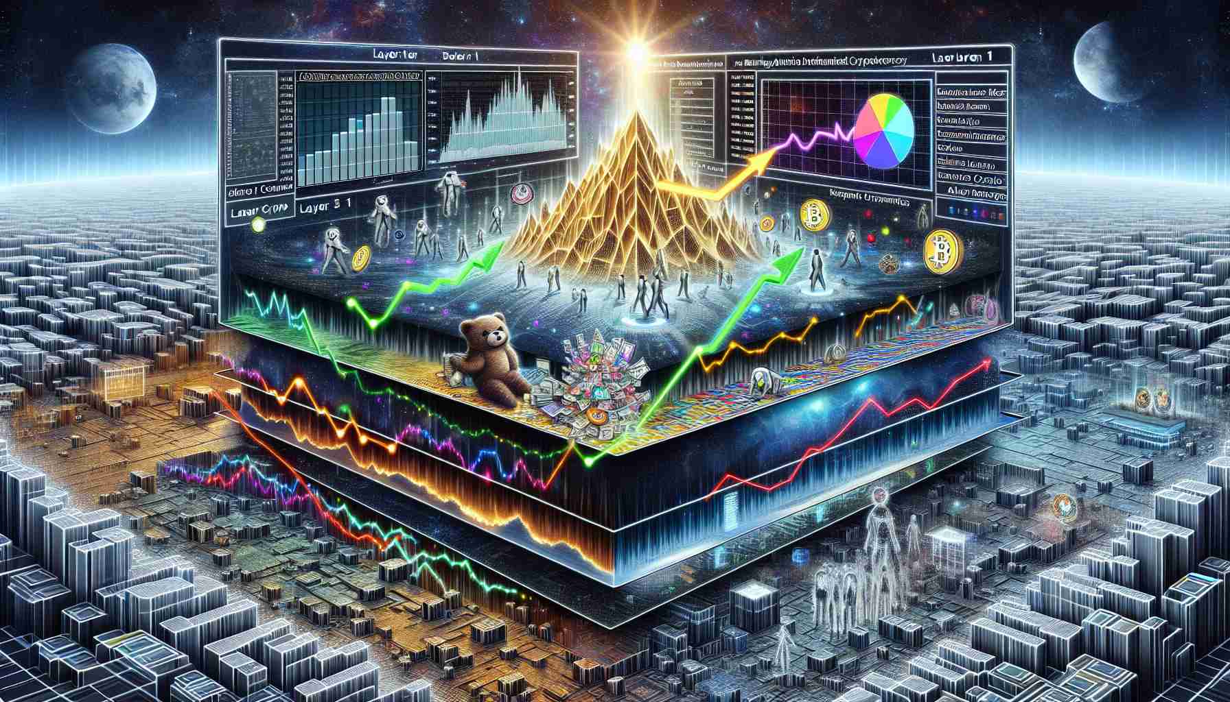 A detailed, high-definition image representing the current trends in the cryptocurrency market. The depiction shows the increased attention towards emerging artificial intelligence technologies and meme-based cryptocurrencies, signified by bright, upward-trending graphs. In contrast, first layer (Layer 1) crypto technologies are shown as darker, downward-trending graphs, symbolizing their struggles. The scene is filled with data charts, trend lines, numbers, and representative symbols all co-existing under the vast digital sky. All the elements are presented in a careful balance, simulating a realistic environment.