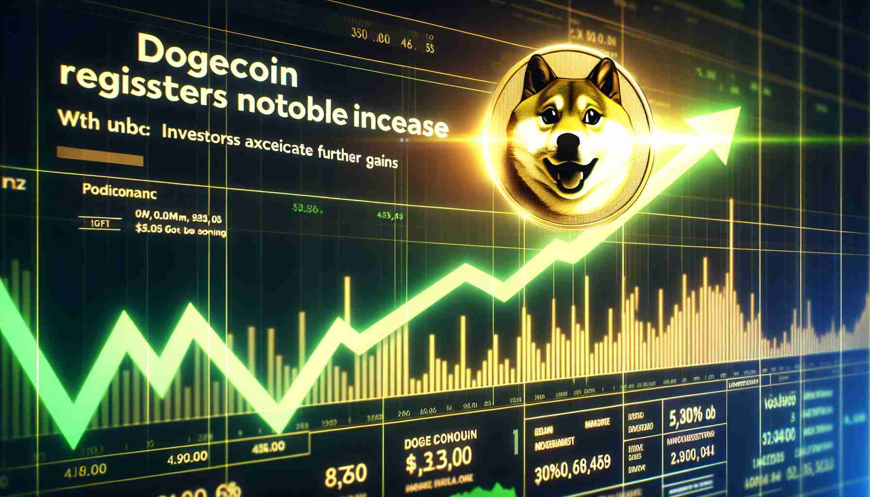 Create a realistic high definition image of a Dogecoin graph showing a considerable upward trend. Overlay this with the headline 'Dogecoin Registers a Notable Increase', and add a subheading that reads 'Investors Anticipate Further Gains'. The graph should be predominantly green indicating positive growth and should also include a rising arrow to represent the increasing value of the cryptocurrency. The background should hint at a financial news design like the ones we see on business channels.