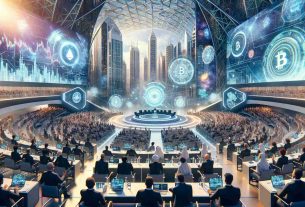 A realistic high-definition image showcasing an event titled 'Blockchain Life 2024', positioned to create a spark in the crypto industry. The locale of the event is a grand and modern conference hall in Dubai, renowned for its futuristic architecture. The hall is bustling with enthusiastic individuals from diverse descents and genders, absorbed in crypto-themed discussions and presentations. The atmosphere buzzes with the latest technology and innovation, with screens displaying intricate blockchain networks and crypto-currencies. Dubai's resplendent skyline is visible through large glass windows, adding to the scene's excitement.