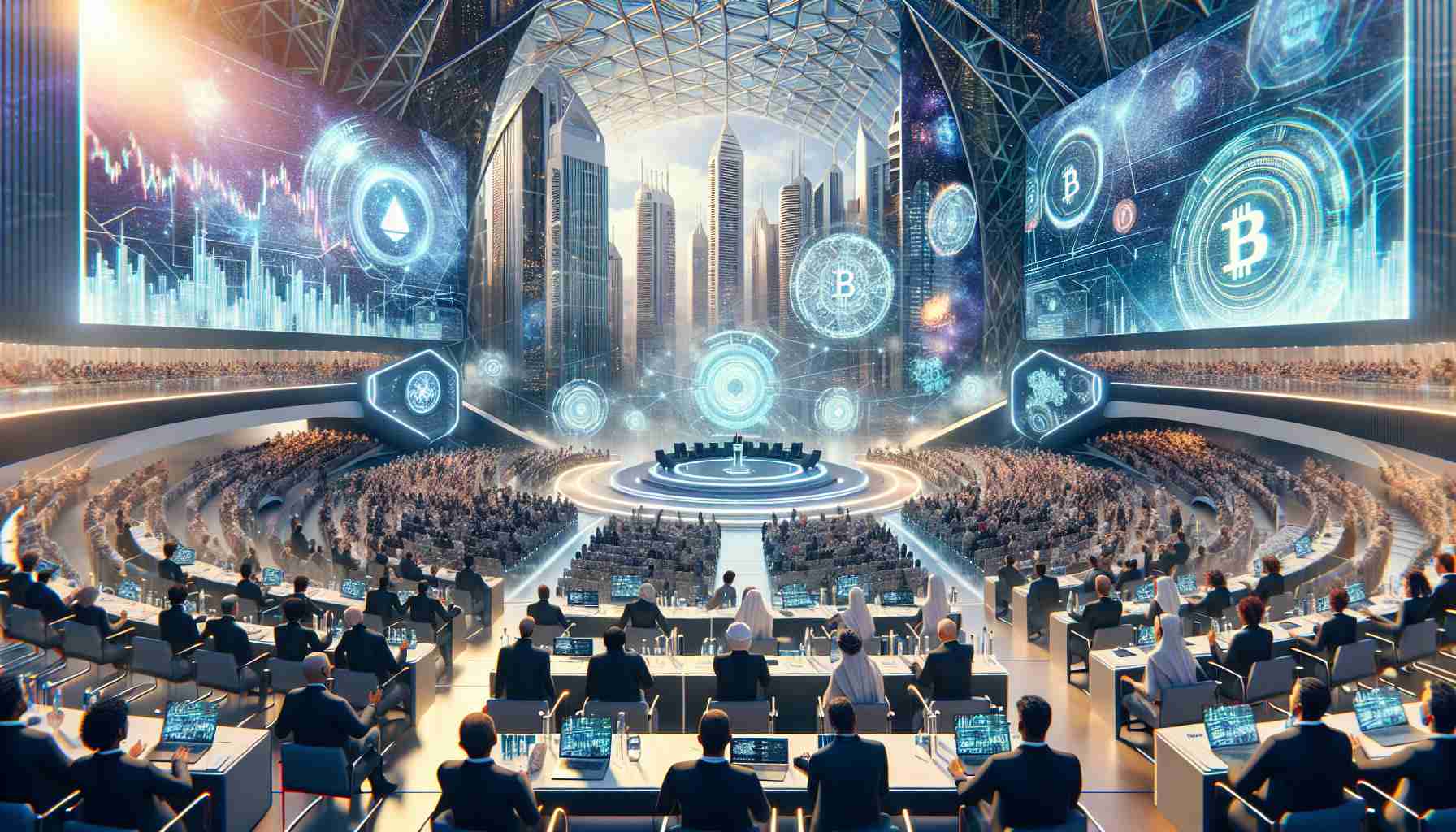 A realistic high-definition image showcasing an event titled 'Blockchain Life 2024', positioned to create a spark in the crypto industry. The locale of the event is a grand and modern conference hall in Dubai, renowned for its futuristic architecture. The hall is bustling with enthusiastic individuals from diverse descents and genders, absorbed in crypto-themed discussions and presentations. The atmosphere buzzes with the latest technology and innovation, with screens displaying intricate blockchain networks and crypto-currencies. Dubai's resplendent skyline is visible through large glass windows, adding to the scene's excitement.