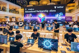 Create a photograph-like high-definition image of educational partnership celebrations in Vietnam. The scene occurs during a technology event where attendees connect with each other about blockchain knowledge. In the foreground, there is a banner exhibiting 'Tether' that symbolizes an advancing tech organization taking the initiative in blockchain education. The attendees show a mix of excitement and deep focus, reflecting the learning atmosphere. The setting includes futuristic technologies and interactive demonstrations that offer a sneak peek into the future of blockchain.