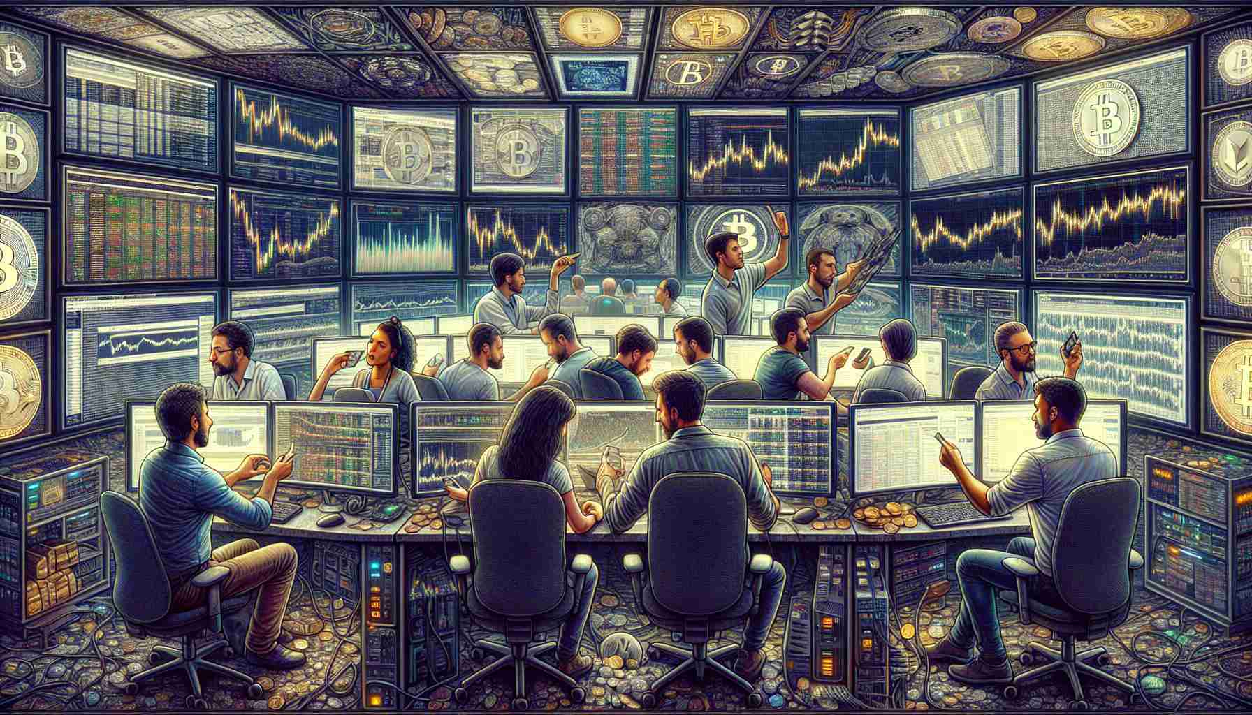 An intricate, highly detailed depiction of a group of cryptocurrency enthusiasts, of diverse descents including Caucasian, Middle-Eastern, and Black, involving men and women, who are exploring alternatives to Bitcoin amidst a price drop. Showcase the collection of various digital currencies on their multiple monitors with streaming data and charts. They're engrossed in conversations and deep research as they navigate this shift in the digital asset market. Please have the environment reflect a typical high-tech room that's commonly associated with cryptocurrency mining, characterized by advanced computers and laptops filled with cryptocurrency trading software.