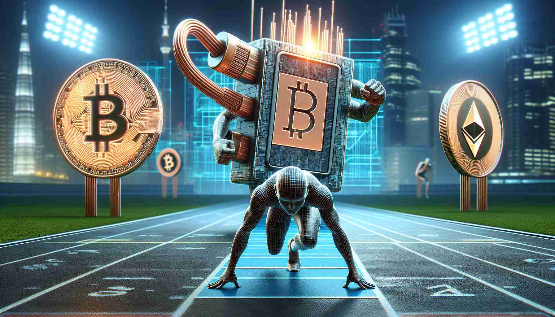 A realistic high-definition image depicting an abstract representation of a major electronics giant preparing to enter the cryptocurrency market. It features the symbolic entity personified as a runner at the starting line of a racetrack, ready to embark on a new journey, symbolizing a new crypto exchange subsidiary. The scene is contemporary and digital, with cryptocurrency symbols like bitcoin and ethereum also present in the background.