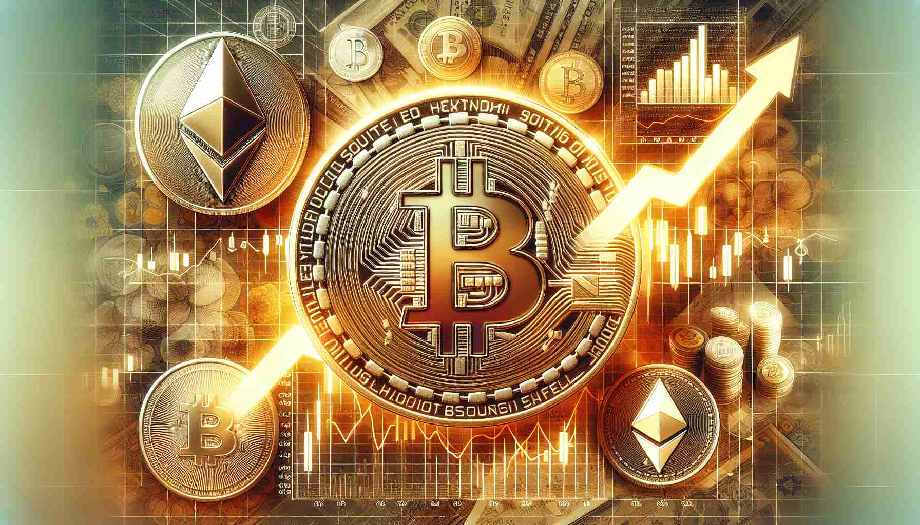 Generate a realistic high-definition image that illustrates the concept of diminished selling pressure for Bitcoin and Ethereum. It could include a financial chart showing an upward trend, symbolizing the increase in value of these cryptocurrencies, with corresponding symbols for Bitcoin and Ethereum. Imagery related to the cryptocurrency market, like coins, graphs, and symbols could be present. There should not be any text or specific figures in the image.