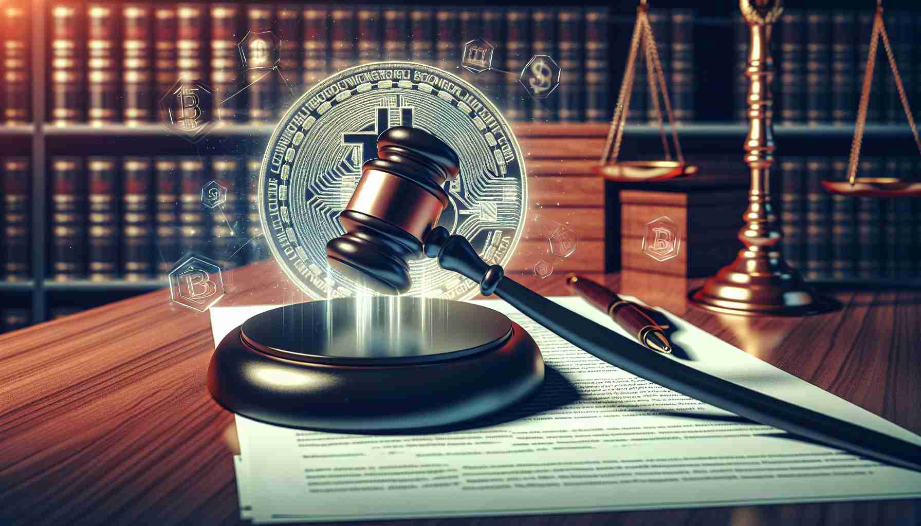 A high-definition, realistic image of a significant legal victory in the field of cryptocurrency, represented by a symbolic scene such as a gavel striking the sound block in a courtroom, with the background hinting at a prestigious law firm in the UK that specializes in blockchain technology. The letterhead on a document or a signboard could reference the nature of the firm's work without naming any real organizations.