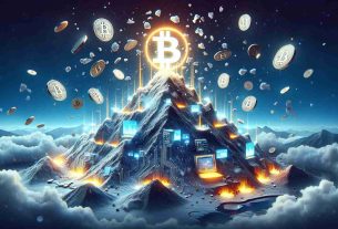 Create a dynamic and realistic HD image depicting a symbolic representation of the new chapter in Bitcoin's history. Showcase a large mountain called 'Mt. Gox' covered in snow, representing the revived platform. It's buzzing with energy, demonstrating its newfound vitality. On the top there should be a glowing Bitcoin symbol, showing that it's flourishing once again. Throughout the setting, there should be touches of technology and digital currency concepts, perhaps fluttering bitcoins falling like snowflakes or digital screens showing cryptocurrency transactions embedded into the mountain.