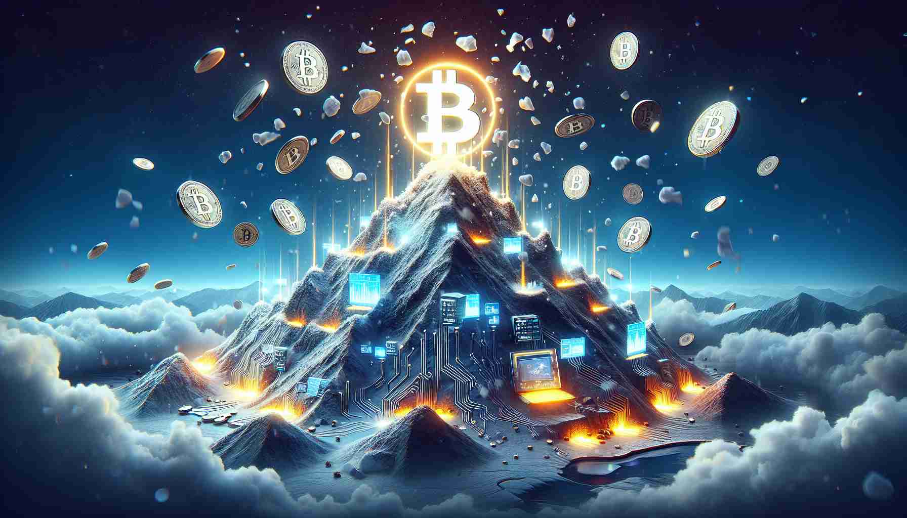 Create a dynamic and realistic HD image depicting a symbolic representation of the new chapter in Bitcoin's history. Showcase a large mountain called 'Mt. Gox' covered in snow, representing the revived platform. It's buzzing with energy, demonstrating its newfound vitality. On the top there should be a glowing Bitcoin symbol, showing that it's flourishing once again. Throughout the setting, there should be touches of technology and digital currency concepts, perhaps fluttering bitcoins falling like snowflakes or digital screens showing cryptocurrency transactions embedded into the mountain.