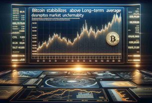 High definition realistic image representing the stabilization of Bitcoin over its long-term average despite market uncertainties. The scene is a sophisticated financial dashboard with a brightly illuminated stock market-style line graph, showing the upward trend of Bitcoin, hovering over a dotted line representing the long-term average. Adjacent to this display, there is a headline in bold text stating 'Bitcoin Stabilizes Above Long-Term Average Despite Market Uncertainty'. Additionally, some area of the dashboard illustrating market volatility, with oscillating graphs and various financial figures.