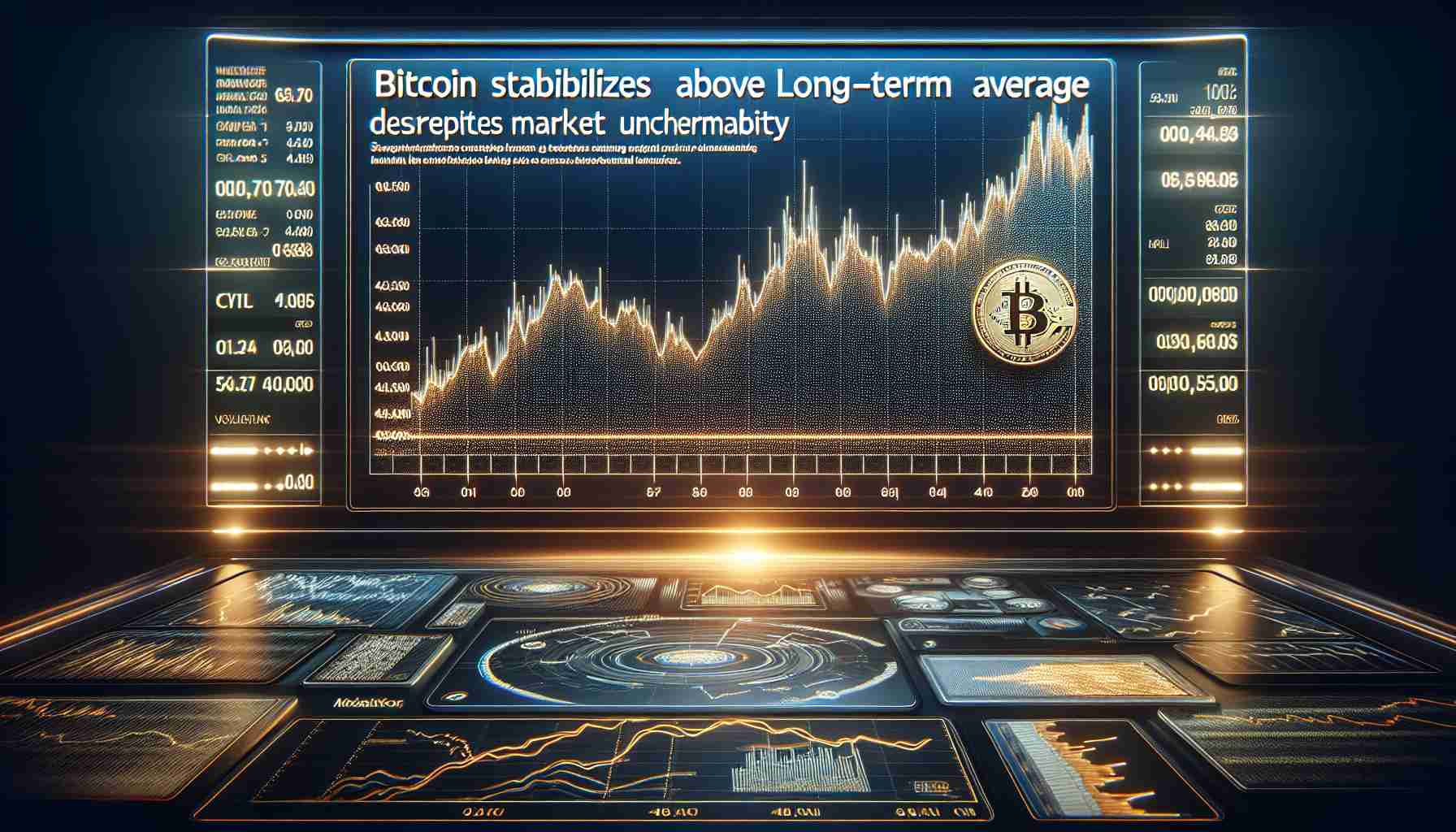 High definition realistic image representing the stabilization of Bitcoin over its long-term average despite market uncertainties. The scene is a sophisticated financial dashboard with a brightly illuminated stock market-style line graph, showing the upward trend of Bitcoin, hovering over a dotted line representing the long-term average. Adjacent to this display, there is a headline in bold text stating 'Bitcoin Stabilizes Above Long-Term Average Despite Market Uncertainty'. Additionally, some area of the dashboard illustrating market volatility, with oscillating graphs and various financial figures.