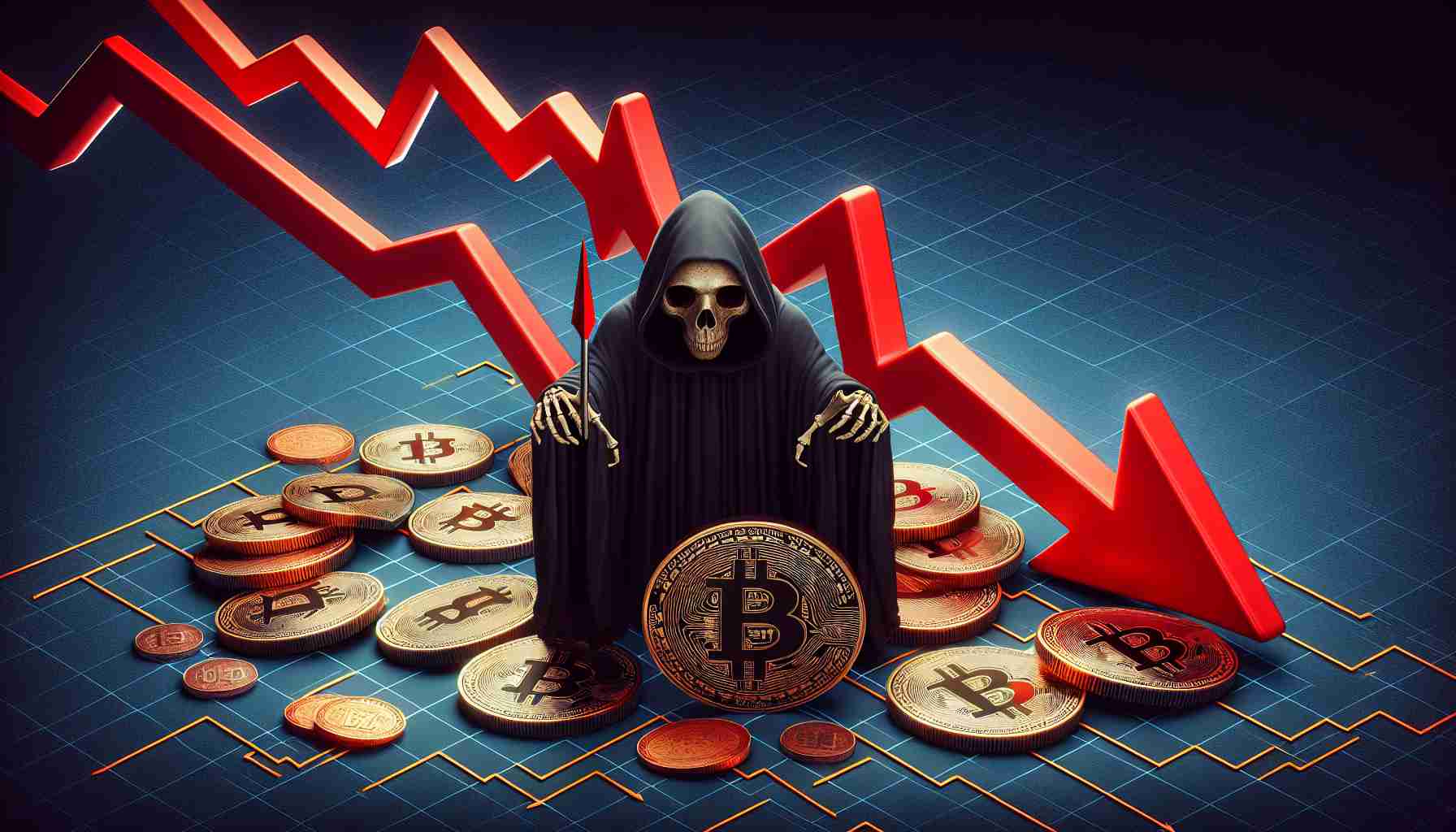 Generate a high-definition, realistic image portraying the concept of a sharp drop in daily transactions for Bitcoin's Runes Token Standard. Depict this using traditional stock market imagery such as a graph with red arrows dramatically pointing downwards, Bitcoin tokens, and perhaps a somber or serious atmosphere to represent the market downturn.