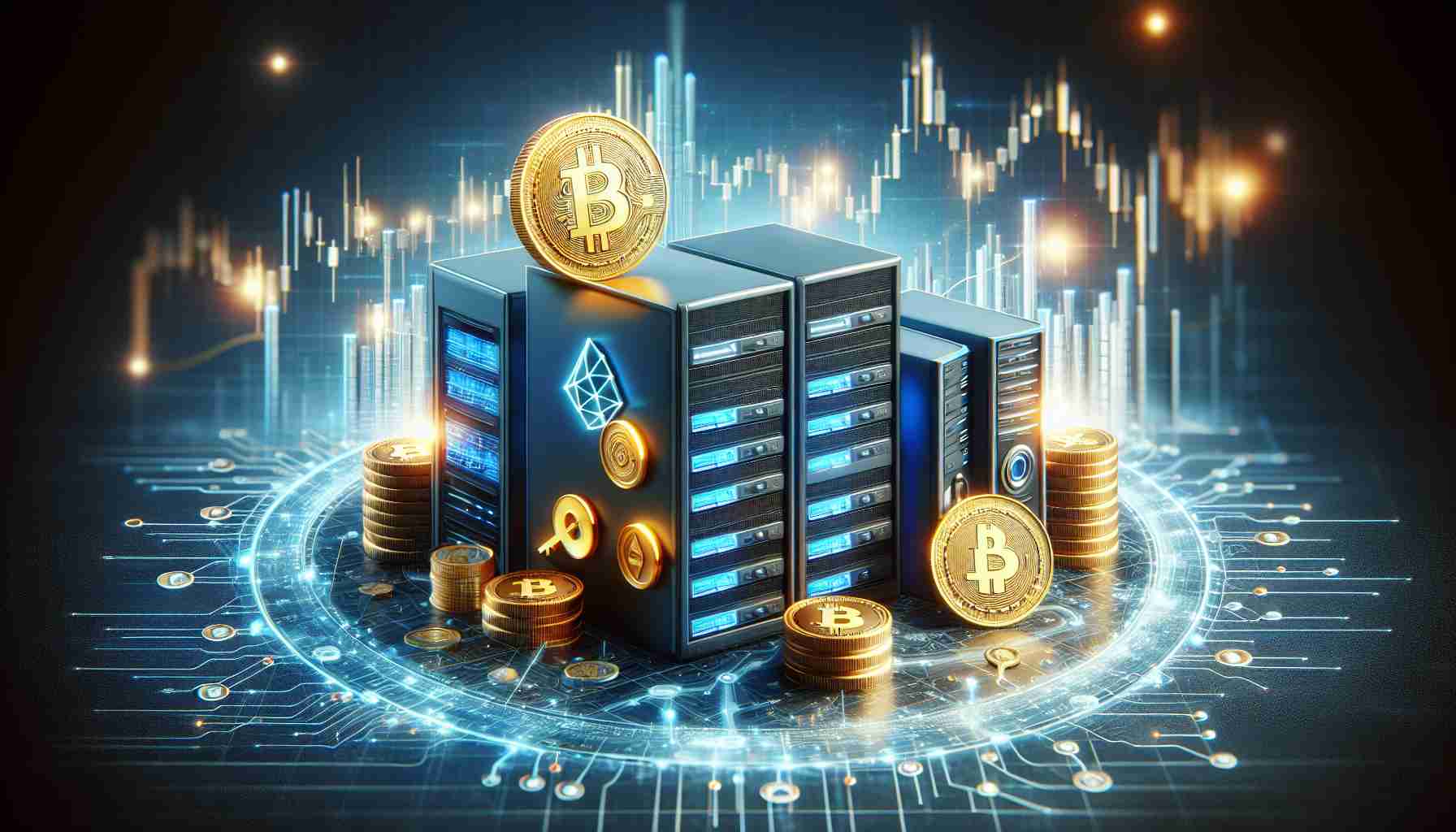 High-definition, realistic image of a symbolic representation for a large technology company expanding their operations by venturing into the business field of cryptocurrency exchange. The scene could include various symbols associated with finance, business and technology like stock market graphs, digital coins, servers or electronic devices.