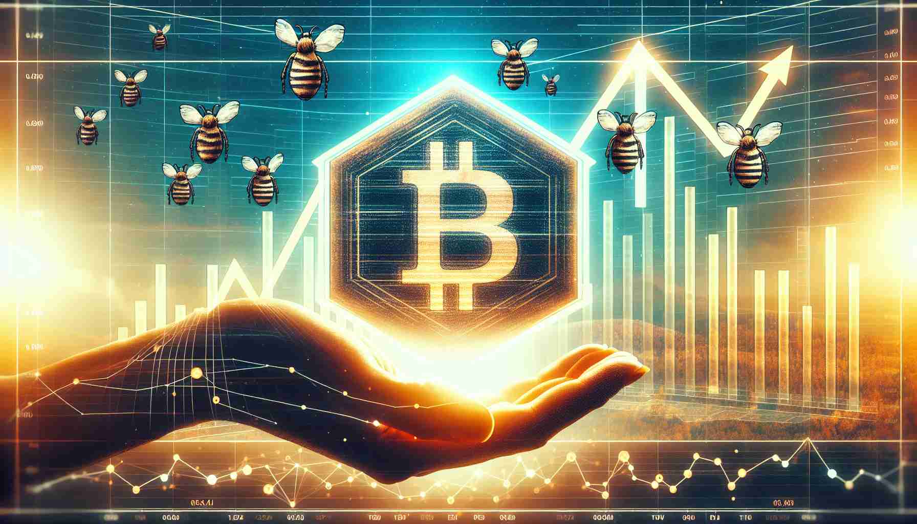 An highly detailed and realistic image representing the concept of the blockchain company HIVE enjoying optimistic EPS projections, as interpreted by an financial analysis firm. The image should contain symbolic imagery related to finance, blockchain, optimism and predictions. This could possibly include charts showing an upward trend, a hive to represent the company, and possibly a symbol such as a weather vane or crystal ball to represent predictions.