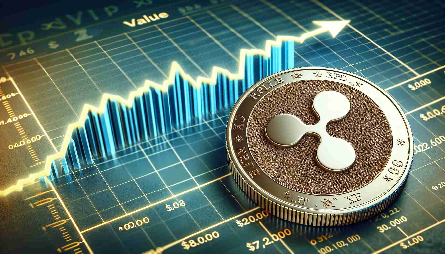 Create a realistic, high-definition image of the digital currency Ripple's XRP. The coin is textured with a value mark indicating it has surpassed $6. In the background, include a graph depicting a sharp incline to represent the coin's rise in value. The visual information provided should be suggestive of various potential reasons for this increase.