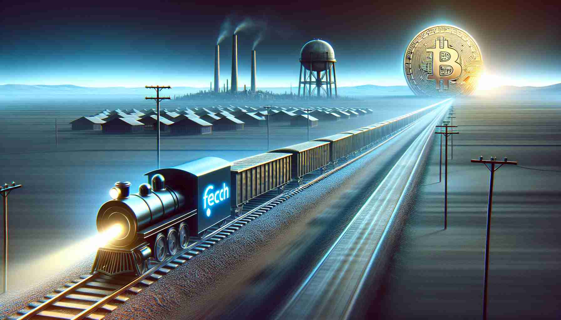 Create a high-definition, realistic image representing the concept of Fetch.ai progressing with a token merger, irrespective of the lack of support from Coinbase. Depict a visual metaphor showing Fetch.ai represented as a train powering ahead on a railway track, emblematic of their progress. In the distance, the Coinbase logo, depicted as a distant and uninvolved city or structure.