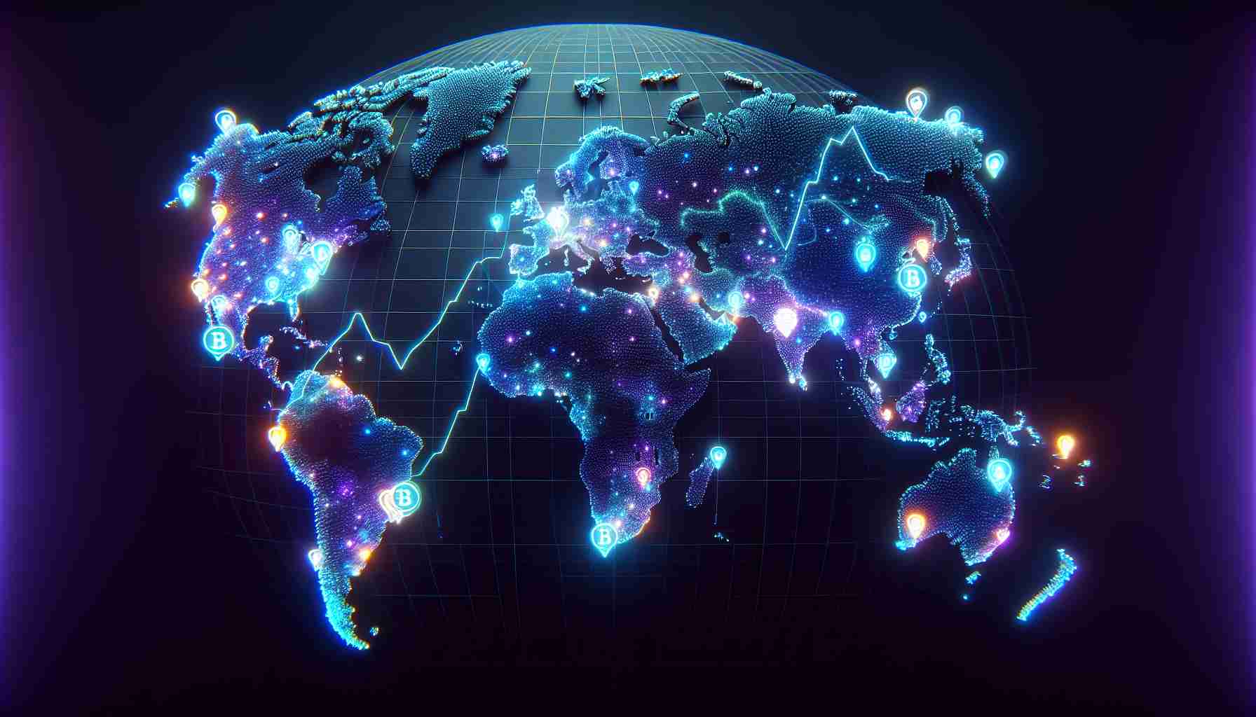 A high-definition, realistic visual of a global map, with notable concentrations of Bitcoin ATMs depicted as glowing spots or nodes. These access points are distributed globally, with larger concentrations in urban centers. There should be a rising curve or graph overlay on top representing the surge or increase in these Bitcoin ATM points. The color scheme should reflect digital currency, perhaps with neon blues, purples, and greens. No specific country details or boundaries are needed, just a general continental outline for context.