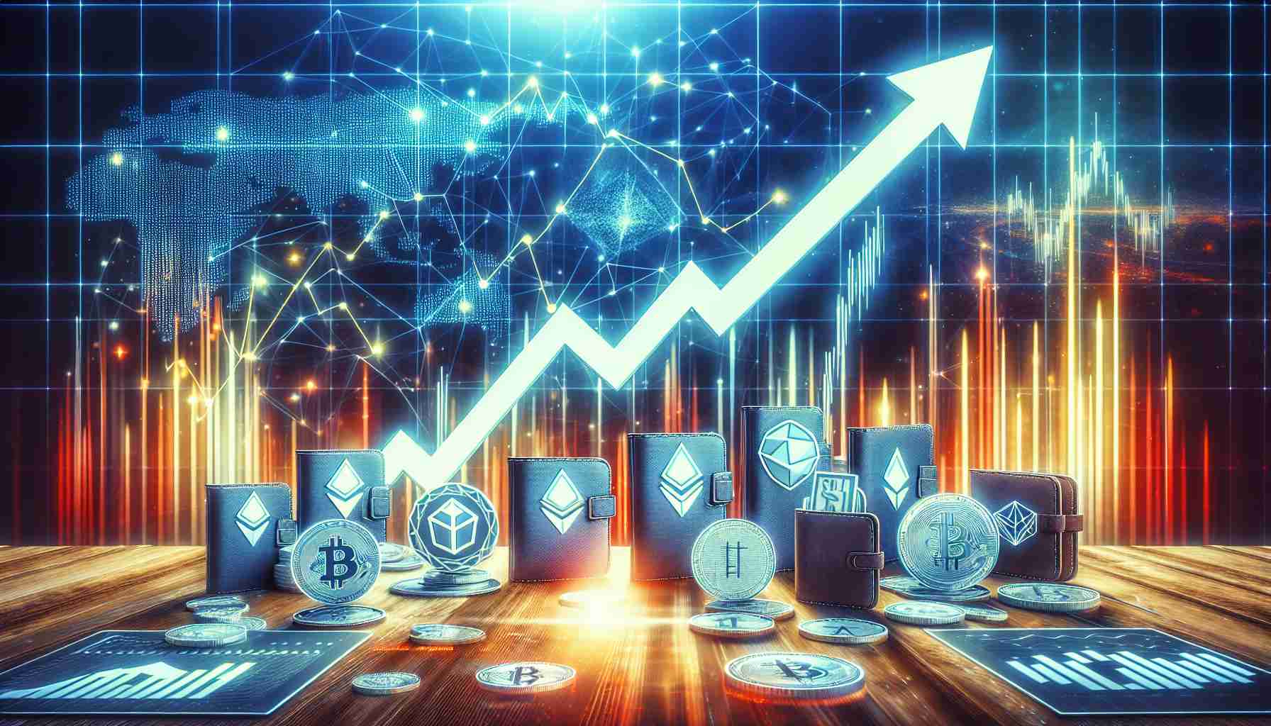 Generate a high definition, realistic image that symbolizes the anticipated surge in the cryptocurrency market reaching a value of $5 trillion. In this scenario, visualize the increased significance of choosing the right cryptocurrency wallets. The scene could possibly include a large upward trending line on a graph in the background, showcasing the surge, and various distinct types of symbolic crypto wallets in the foreground, representing the diversity of choices.