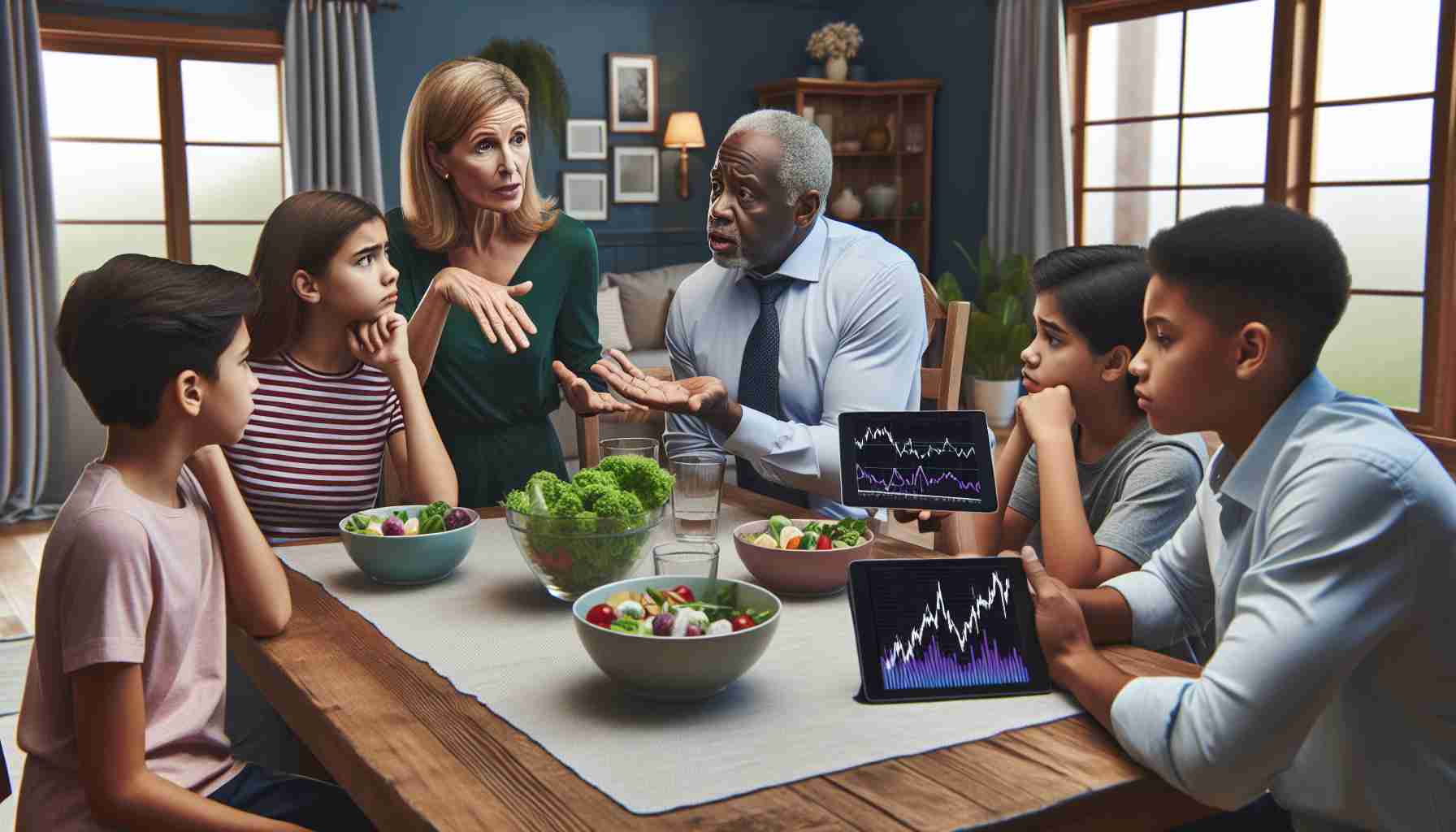 Create an image showing a family sitting around the dining table. The room should be realistically depicted in HD quality. At one end of the table, a middle-aged Caucasian woman is explaining the importance of nutritious food, gesturing towards a vegetable salad. On the opposite side, a mature Black man, likely her husband, is showing a stock market graph on a tablet, indicating fluctuating investment rates. Their teenage children, a Hispanic boy and a South Asian girl, watch the debate with exasperated expressions. The atmosphere is tense, reflecting disagreements over health beliefs and investment opinions.