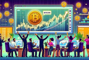 Generate an image that represents renewed enthusiasm in Bitcoin trading. Illustrated should be a group of diverse traders in an office setting, excitedly analyzing data-driven charts, signaling a potential uptrend in Bitcoin value. Include a large HD computer monitor showing a live Bitcoin price chart with an upward trend. Also, incorporate a ticker tape display showing Bitcoin value increasing. Highlight elements of excitement, anticipation, and relief among the traders, reflecting a sense of renewed hope.