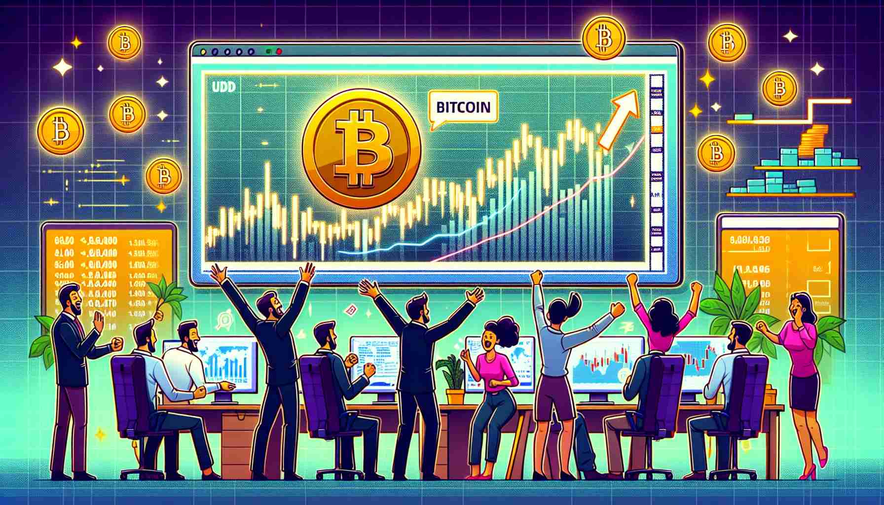 Generate an image that represents renewed enthusiasm in Bitcoin trading. Illustrated should be a group of diverse traders in an office setting, excitedly analyzing data-driven charts, signaling a potential uptrend in Bitcoin value. Include a large HD computer monitor showing a live Bitcoin price chart with an upward trend. Also, incorporate a ticker tape display showing Bitcoin value increasing. Highlight elements of excitement, anticipation, and relief among the traders, reflecting a sense of renewed hope.