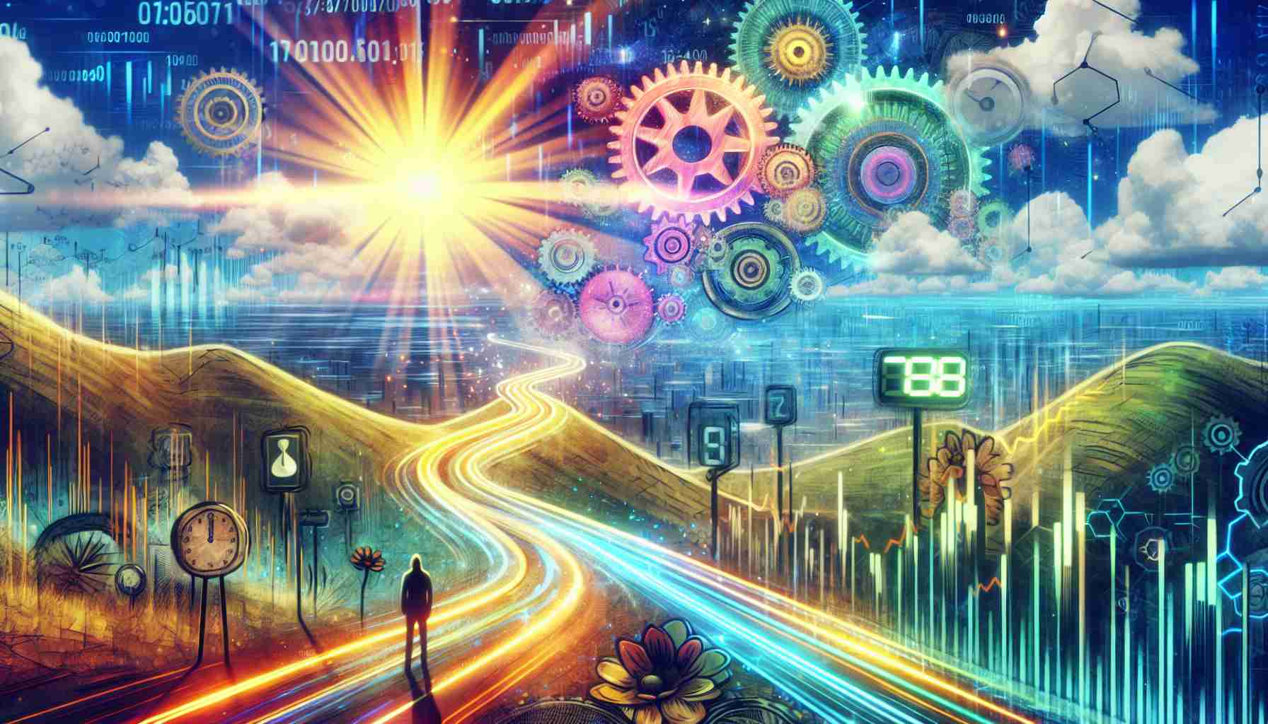 A crystal-clear, high-definition depiction of an optimistic scenery related to a decentralized project's development activity. The scene paints a picture of hope and persistence, despite signs of slower progress. Visual metaphors may include gears representing development, tickers symbolizing time passing, and an uphill path conveying the idea of challenges. To reflect the optimistic mood, a bright sunny day with a colourful, gleaming sky could be portrayed.