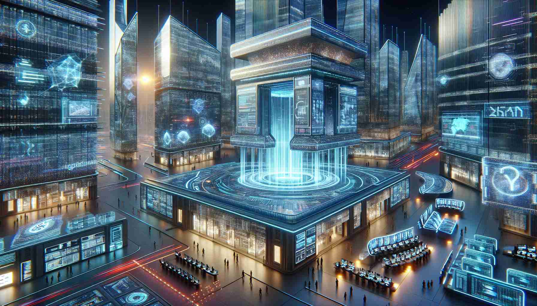 Realistic, detailed and high-definition impression of the future landscape of decentralized finance exchanges. In this image, envision innovative and futuristic architectures representing modern financial institutions. These structures have an appearance that suggests cryptographic security and technological progress, with dynamic, holographic data projections and LED lights pulsating with financial activity. Virtual reality trading stations with holographic interfaces can also be seen. The scene captures the bustling energy of a global marketplace, with a seamless blend of the physical and digital realms. Please do not include people in this image.