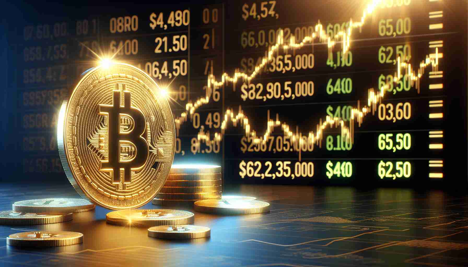 High-definition image of a golden Bitcoin symbol gleaming in the spotlight, symbolizing its comeback. In the background, a stock exchange-like digital board shows the price of Bitcoin surpassing $62,500. The scene conveys a sense of triumph and growth in the cryptocurrency market.