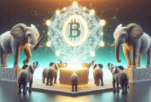 Create a realistic, high definition image of a symbolic representation of the concept 'Banking Behemoths Back Blockchain Interbank Platform with $60 Million'. Perhaps it could consist of large, sturdy elephants representing banking behemoths, standing around a intricate weave of connected lines depicting the blockchain. In the center, a glowing platform insinuates the interbank platform. Embedded within are symbols indicating a $60 million commitment. The elephants are actively supporting this platform, showing their backing.