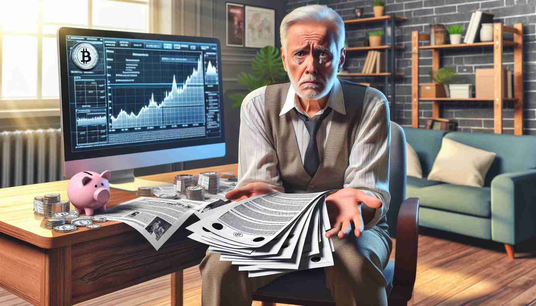 A detailed, high-definition realistic image showcasing an elderly Caucasian gentleman in a state of distress, sitting in his living room. He holds a pile of printed out documents associated with cryptocurrency investments, filled with fake promises. His face shows clear signs of regret and loss, his hands trembling slightly. The room setting has a computer on a table with cryptocurrency charts on the screen and several articles about digital currency scattered around. Symbolize the large financial loss through an empty piggy bank or an open wallet with no money.