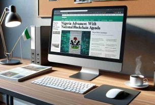 A hyper-realistic image capturing a computer screen displaying a news headline that says 'Nigeria Advances with National Blockchain Agenda.' The screen is within a modern workspace, complete with a keyboard, mouse, and a cup of coffee on a wood desk. Depict subtle elements of Nigeria subtly throughout the scene, such as a flag, traditional artwork or patterns, and photographs of popular landmarks.