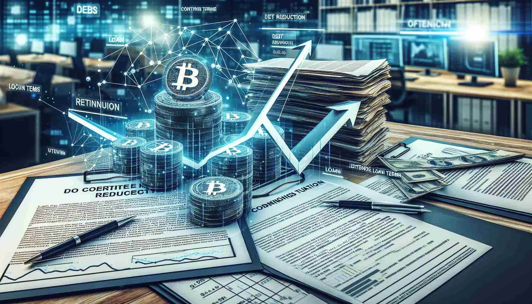 A high-definition and realistic image showcasing the concept of 'Argo Blockchain' continuing its Debt Reduction. A visual representation might consist of stacks of paperwork with documents related to loans and loan terms, office setting that hints at blockchain operations and BTC mining. Some graphics may be incorporated showing a declining trend line symbolizing 'debt reduction', and extending arrow depicting 'extended loan terms'. The overall scene should convey technological advancement, financial planning, and progress in tackling obligations.