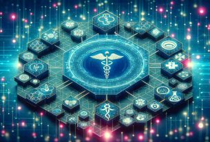 An HD quality image visualizing the concept of revolutionizing healthcare through the emergence of blockchain technology. Imagine a physical representation of the blockchain, which could look like interconnected blocks or nodes, symbolizing healthcare data. Among these nodes, include depictions of medical symbols such as the Caduceus or Asclepius symbol, symbolizing the healthcare industry. Visualize innovative aspects of blockchain technology, like enhanced security and decentralization. This whole setup should be in a vibrant and futuristic digital environment to reflect the advanced nature and potential of blockchain technology in healthcare.