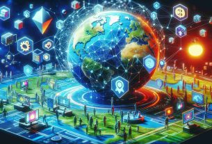 A high-definition, realistic portrayal of the emerging world of Web3 gaming. Depict it as a new paradigm, incorporating aspects of blockchain technology, NFTs, interactive online gaming world graphics with vibrant colors. Have users across the world, symbolized by globes in the foreground and backend, interacting through stylized digital interfaces and avatars. Incorporate some visual elements that represent the change in paradigm such as a shift from two-dimensional gaming to vividly-rendered three-dimensional gaming.