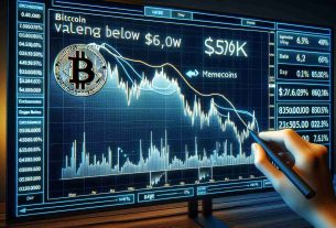 Generate a realistic HD photo showcasing a downward moving line chart on a digital screen representing Bitcoin value going below $60K with date tagged from May. Alongside, create an upward moving line chart on the same screen, representing the surge of Memecoins. The screen has exchange rate labels, percentages, and date timestamps.