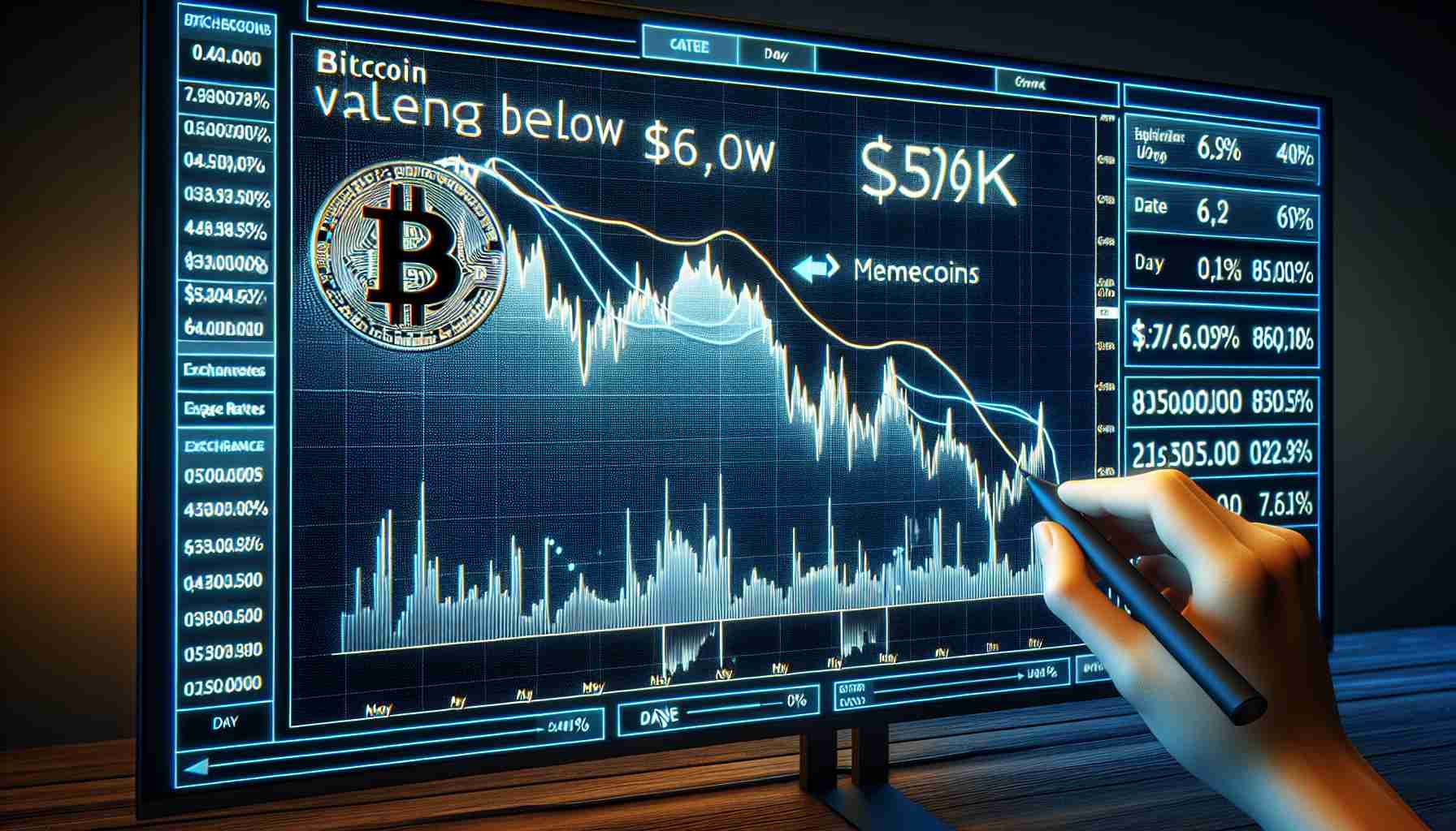 Generate a realistic HD photo showcasing a downward moving line chart on a digital screen representing Bitcoin value going below $60K with date tagged from May. Alongside, create an upward moving line chart on the same screen, representing the surge of Memecoins. The screen has exchange rate labels, percentages, and date timestamps.