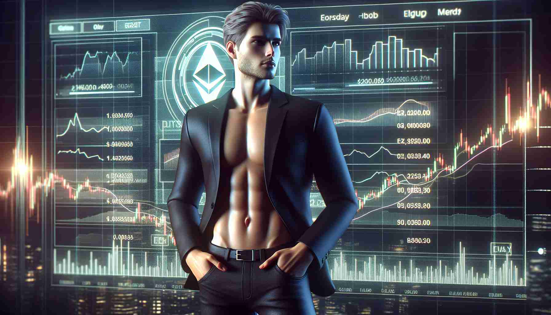 Realistic HD image of a successful, slender young man who is a prominent figure in the world of cryptocurrency. His fortunes are on the rise amidst fluctuating crypto markets. The scene showcases a digital display charting the progress and movements of various cryptocurrencies in the background, with a focus on Ethereum, a project he is associated with.