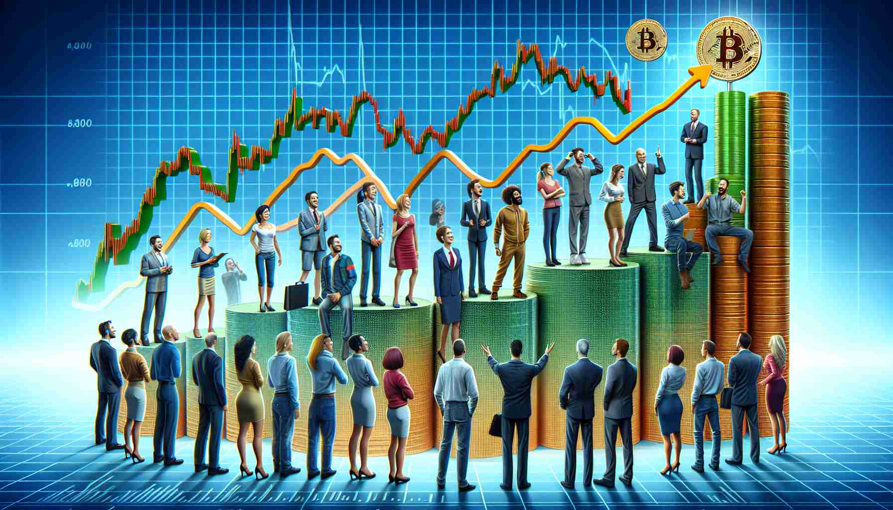 A realistic, high-definition illustration displaying the potential effects of market dynamics on individuals holding Bitcoin. This could include a diverse group of characters representing Bitcoin holders of different genders, races, and ages. They're standing at the vantage point of a financial market landscape. Some can be seen smiling and rejoicing because of the positive market conditions, while others are potentially worried or even despairing due to market losses. The roller-coaster bitcoin price graph is seen looming over the scene, symbolizing the volatile nature of the market.