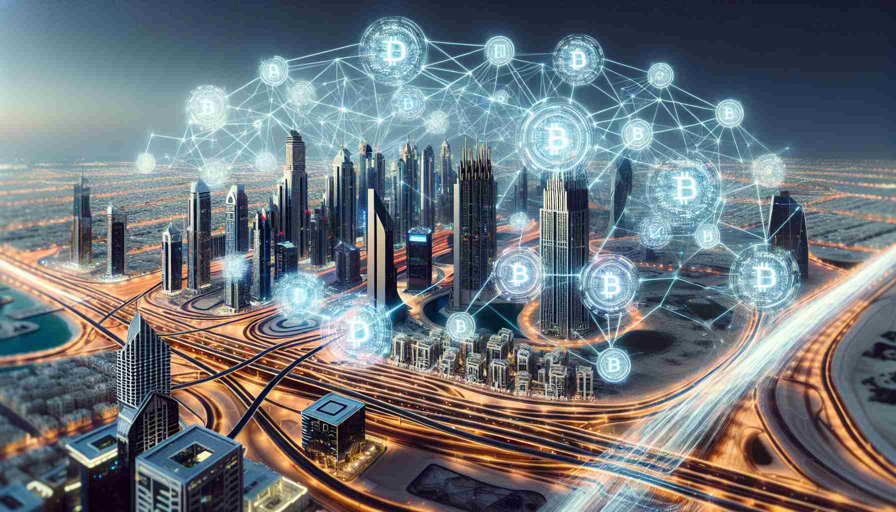 A high-definition, realistic image of Dubai skyline depicting the advanced and cutting-edge technology integral to the city. Specifically, illustrate symbolic imagery of Blockchain integration, such as lines of interconnected nodes and digital symbols, interwoven with traditional trading mechanisms. Show this contrast against the backdrop of the city’s ultra-modern architecture.