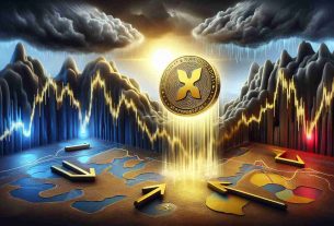 A high-definition, realistically styled image depicting the concept of enduring optimism despite a significant drop. The main visual metaphor could be a golden XRP coin amidst a stormy stock market graph portrayed in gloomy colors. The XRP coin could be brightly illuminated, representing the lingering hope and positivity. Include representations of trading indicators pointing downwards to signify a drop in activity.