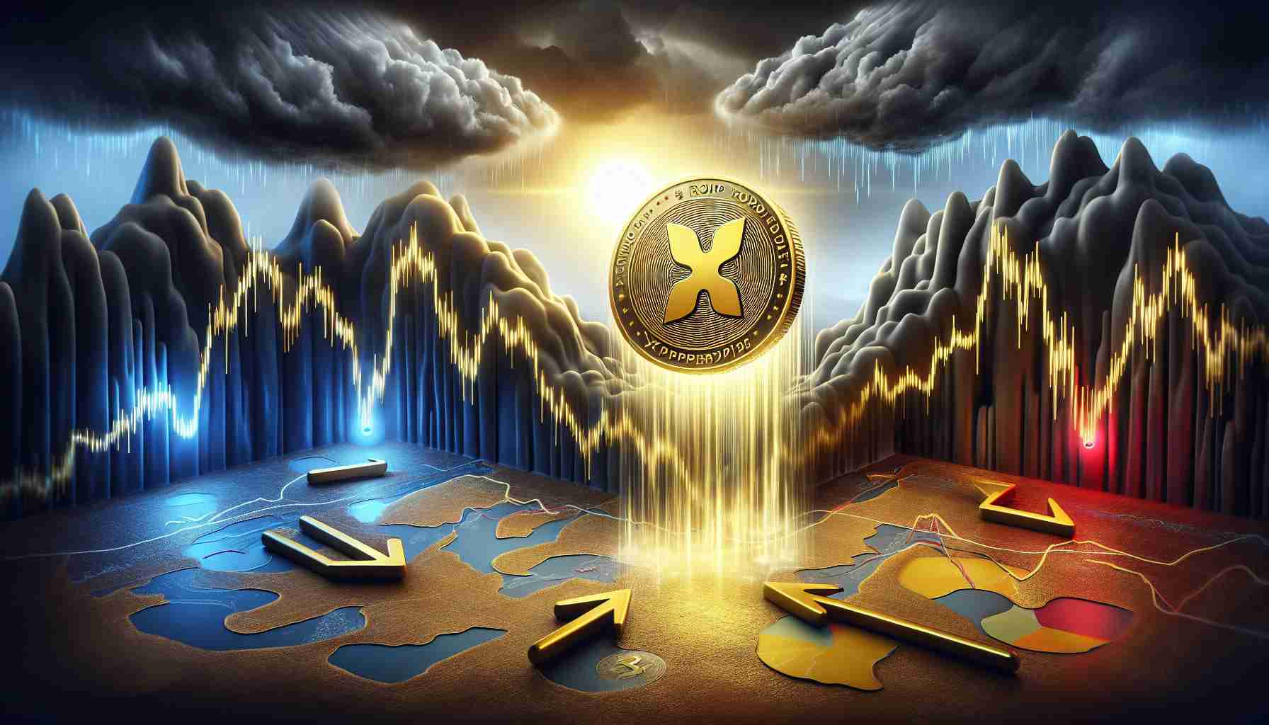 A high-definition, realistically styled image depicting the concept of enduring optimism despite a significant drop. The main visual metaphor could be a golden XRP coin amidst a stormy stock market graph portrayed in gloomy colors. The XRP coin could be brightly illuminated, representing the lingering hope and positivity. Include representations of trading indicators pointing downwards to signify a drop in activity.