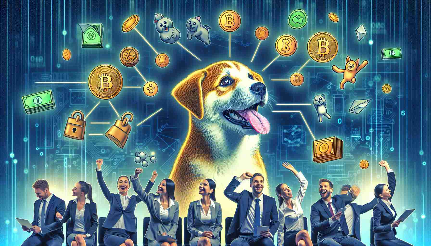 High-definition image conveying the concept of excitement among cryptocurrency investors, stimulated by the successful presale of a playful, nostalgic, dog-themed virtual currency. The image uses symbols and iconic elements associated with the investment in digital currency, incorporating a jovial dog motif. Note that this image should not include any specific logos or copyrighted material, it should instead invoke the general atmosphere of the crypto market.