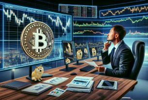 Create a realistic HD image that symbolizes 'Examining Dogecoin’s Market Stance Amidst Limited Trading Enthusiasm'. Imagine a scene where a traditional stock market analyst in a suit (of any gender and descent) is curiously studying a physical representation of the Dogecoin logo on a screen filled with uptrend and downtrend charts. The analyst could be sitting in a modern office with various other screens displaying financial news and data. Incorporate elements of uncertainty and curiosity in the atmosphere to emphasize the 'Limited Trading Enthusiasm'.