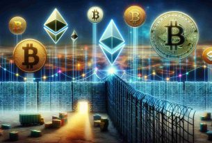 Create a highly detailed and realistic image which symbolically represents the concept of lowering barriers to cryptocurrency adoption. This might include digital icons representing various popular cryptocurrencies, such as Bitcoin, Ethereum, or Litecoin, and a visual metaphor for decreasing barriers, such as a bridge being built over a previously insurmountable divide, or a wall with doors opening. The atmosphere should be hopeful and progressive.