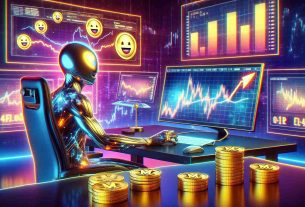 A vibrant, realistic, high-definition image showcasing an abstract representation of cryptocurrency success in early 2024. It features a personified representation of 'Memecoin' - a character with a sleek, futuristic suit, fully engrossed in the monitor, which displays graphs showing an upward trend. On the walls around him, there are monitors showing different memes used to represent various other virtual currencies. On the desk, there are gold coins with 'M' embossed, symbolizing Memecoin. Please note that this image does not reflect actual financial predictions or trends.