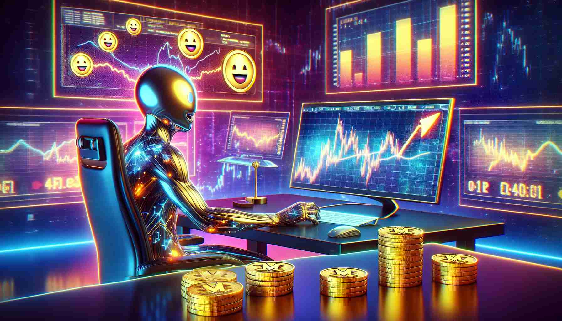 A vibrant, realistic, high-definition image showcasing an abstract representation of cryptocurrency success in early 2024. It features a personified representation of 'Memecoin' - a character with a sleek, futuristic suit, fully engrossed in the monitor, which displays graphs showing an upward trend. On the walls around him, there are monitors showing different memes used to represent various other virtual currencies. On the desk, there are gold coins with 'M' embossed, symbolizing Memecoin. Please note that this image does not reflect actual financial predictions or trends.