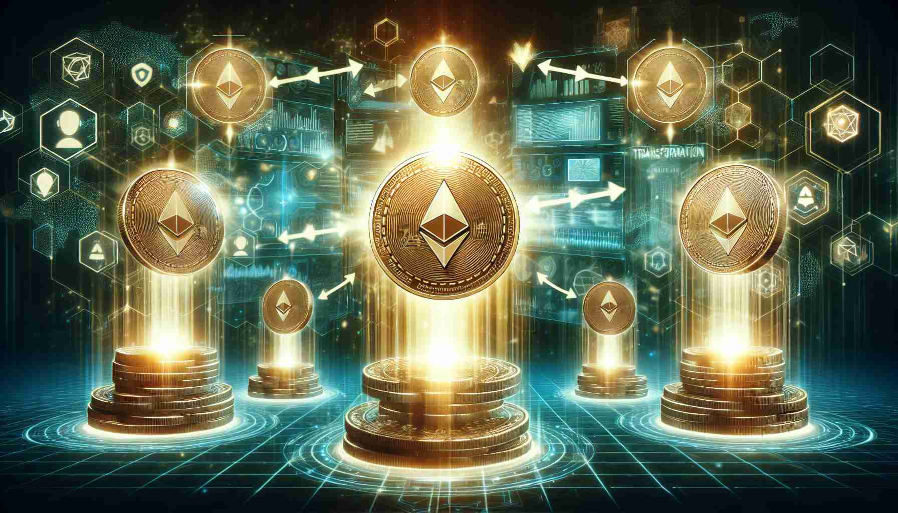 Create an HD image that visualizes the process of transforming the future of decentralized governance tokens. Show several decentralized governance tokens in the foreground, with rays of light projecting from them, symbolizing the transformation. Have the background displaying various digital, futuristic elements to represent the future.