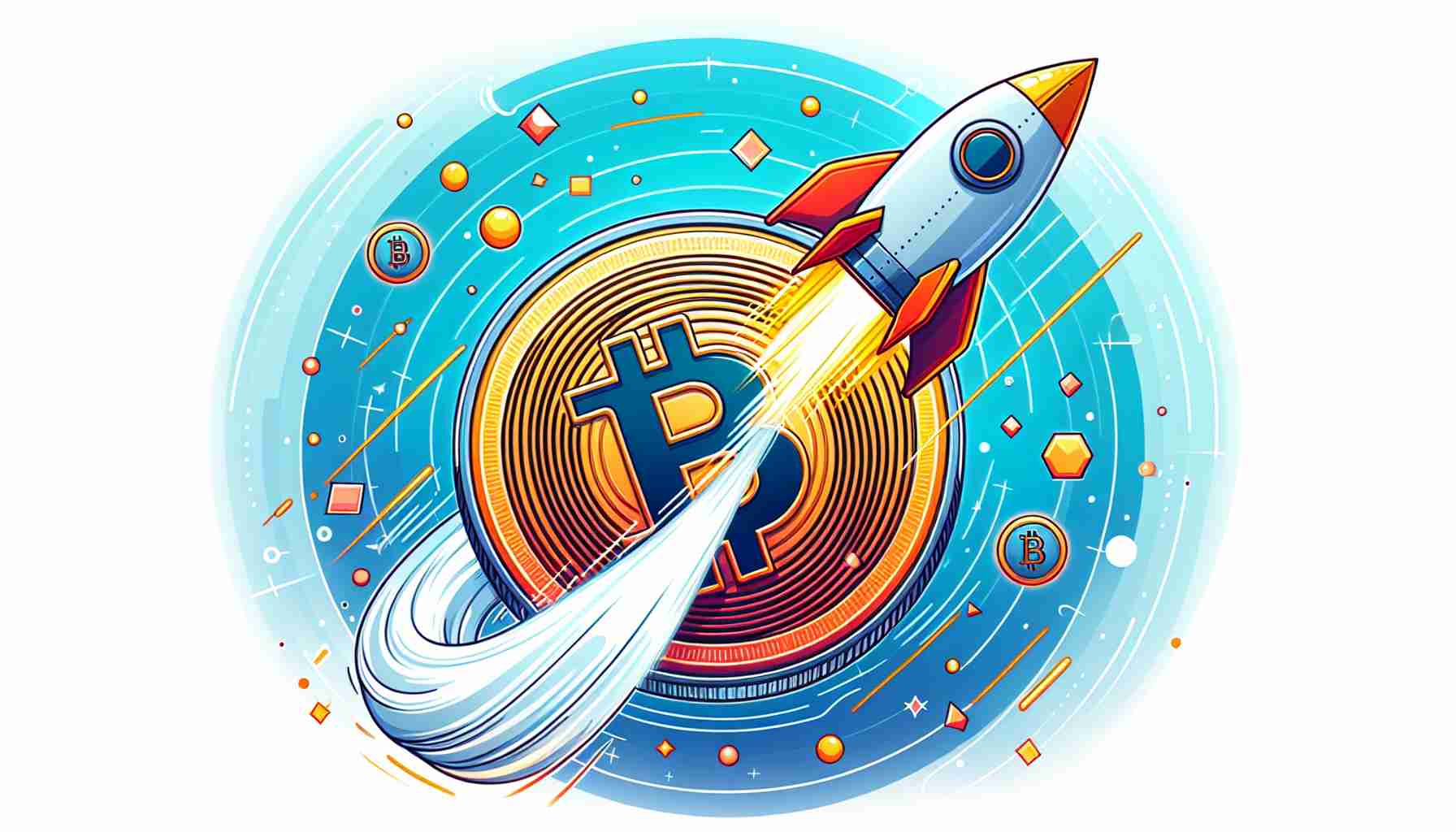 Illustration of a conceptual digital currency coin with a rocket taped to it, depicting the metaphor of propelling in a new direction. Around it, abstract visuals signifying a new partnership and the surrounding is charged with energy and dynamism. Please do not include specific logos or identifiable symbols related to the digital currency.